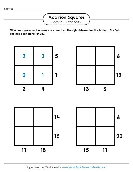 Level 2 (Intermediate) - Addition Squares: Level 2, Set 2 (Printable PDF Worksheet)