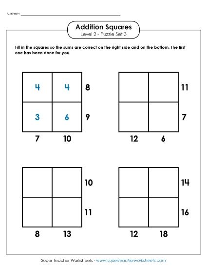 Level 2 (Intermediate) - Addition Squares: Level 2, Set 3 (Printable PDF Worksheet)