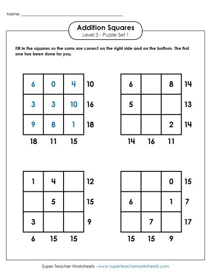 Level 3 (Challenging) - Addition Squares: Level 3, Set 1 (Printable PDF Worksheet)