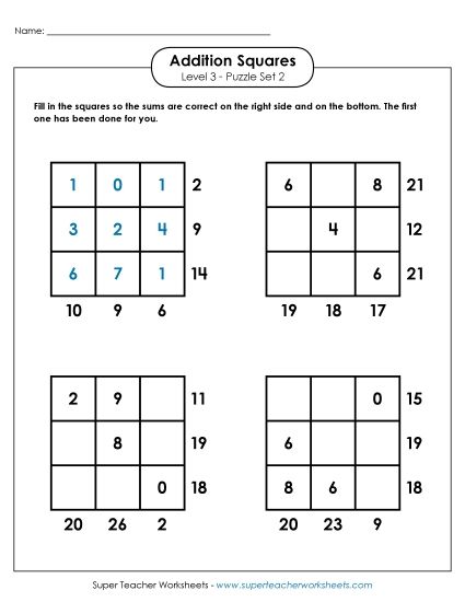 Level 3 (Challenging) - Addition Squares: Level 3, Set 2 (Printable PDF Worksheet)