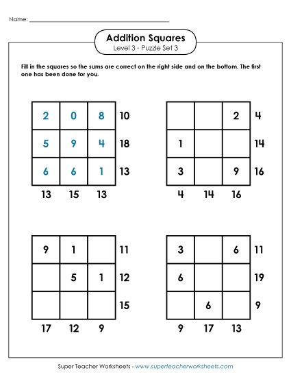 Level 3 (Challenging) - Addition Squares: Level 3, Set 3 (Printable PDF Worksheet)