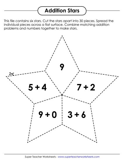 Addition Worksheets & Games - Addition Star Puzzles (Printable PDF Worksheet)