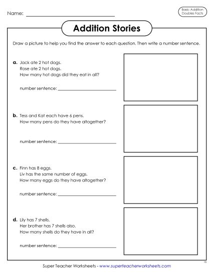 Practice Worksheets - Addition Stories (Word Problems) Addition Doubles Facts (Printable PDF Worksheet)