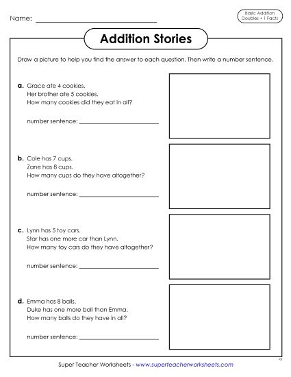Practice Worksheets - Addition Stories (Word Problems) Addition Doubles Plus 1 (Printable PDF Worksheet)
