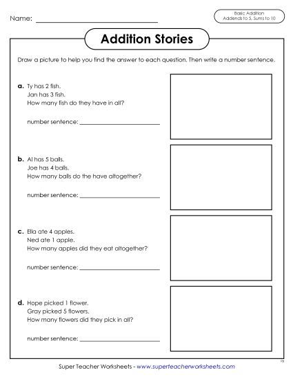 Addition Worksheets, Games, & Puzzles - Addition Stories Word Problems: Sums to 10 (Printable PDF Worksheet)