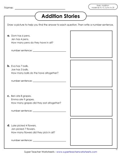 Addition Worksheets & Games - Addition Stories Word Problems w/ Sums to 20 (Printable PDF Worksheet)
