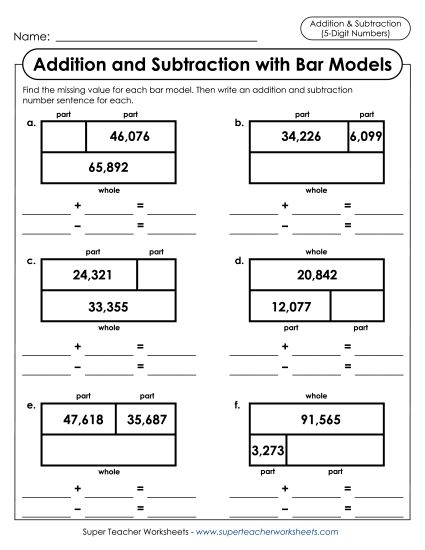Addition and Subtraction Mixed - Addition-Subtraction Bar Models (5-Digit) (Printable PDF Worksheet)