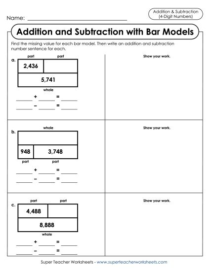 Addition & Subtraction (Mixed) - Addition-Subtraction Bar Models Including Work Space (Printable PDF Worksheet)