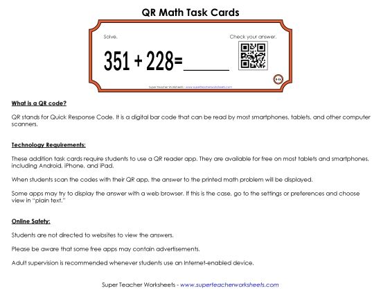 Addition - Addition Task Cards (3-Digits) (Printable PDF Worksheet)