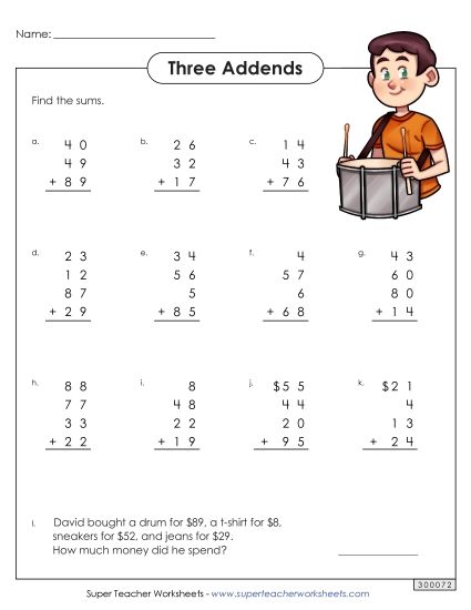Addition with 3 or More Addends - Addition with 4 Addends (Printable PDF Worksheet)