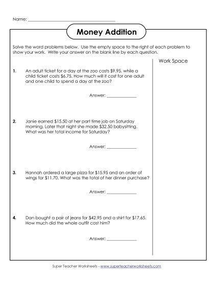 Adding Money - Addition Word Problems (Adding Money) (Printable PDF Worksheet)
