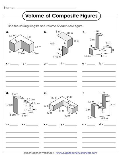 Advanced: Some Missing Lengths Decimal & 2-Digit Lengths - Additive Volume: Six Shapes (Advanced) (Printable PDF Worksheet)