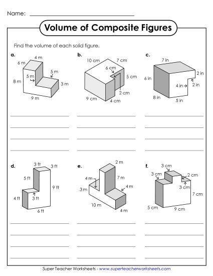 Basic: All Lengths Given Single, Whole Number Lengths - Additive Volume: Six Shapes (Basic) (Printable PDF Worksheet)