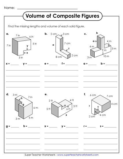 Intermediate: Some Missing Lengths Single, Whole Number Lengths - Additive Volume: Six Shapes (Intermediate) (Printable PDF Worksheet)