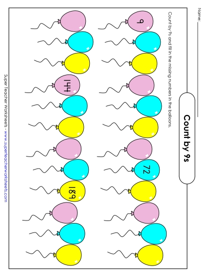 Skip Count by 9s - Advanced Balloon Counting (by 9s) (Printable PDF Worksheet)
