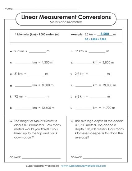 Mixed-Unit Measuring and Converting - Advanced Conversions (Meters and Kilometers) (Printable PDF Worksheet)
