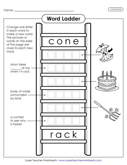 Level: Advanced - Advanced Word Ladder: Cone to Rack (Printable PDF Worksheet)