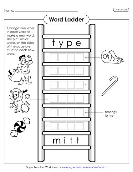 Level: Advanced - Advanced Word Ladder: Type to Mitt (Printable PDF Worksheet)