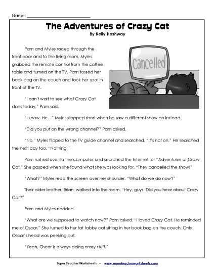 Fiction Stories - Adventures of Crazy Cat (Printable PDF Worksheet)