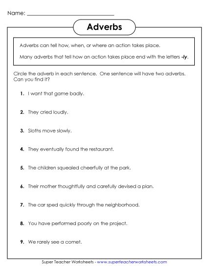 Adverb Worksheets - Adverbs Ending in -ly (Printable PDF Worksheet)