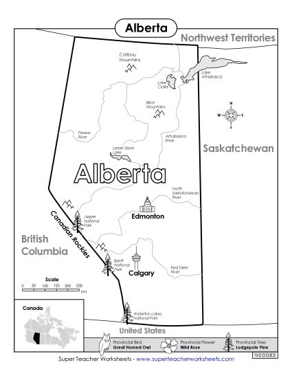 Maps - Alberta Map (Black and White) (Printable PDF Worksheet)