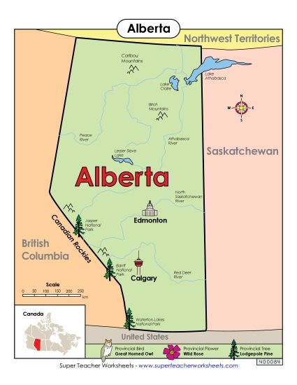 Maps - Alberta Map (Full Colour) (Printable PDF Worksheet)