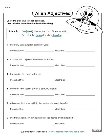 Basic Adjectives - Alien Adjectives (Printable PDF Worksheet)
