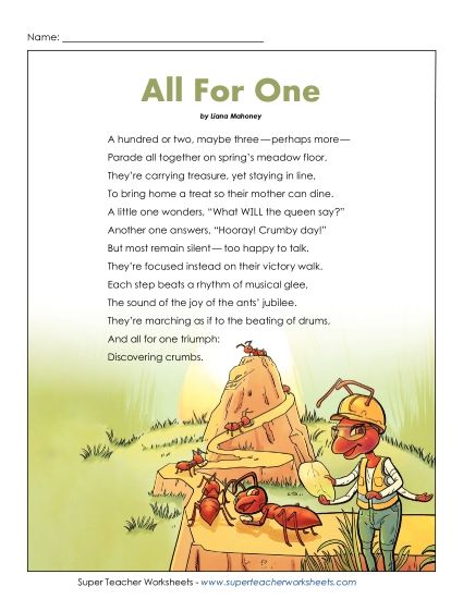 Nonfiction Articles - All for One (Poem) (Printable PDF Worksheet)