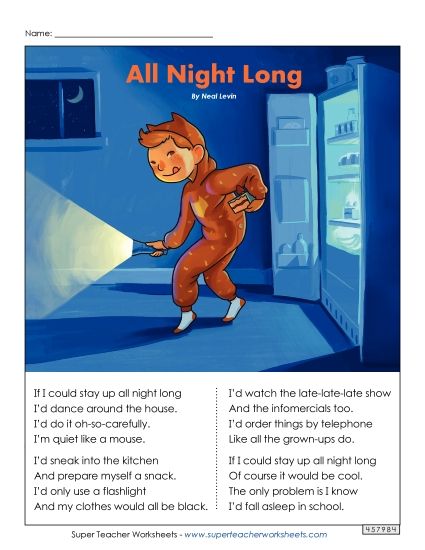 3rd Grade Poems - All Night Long (Printable PDF Worksheet)