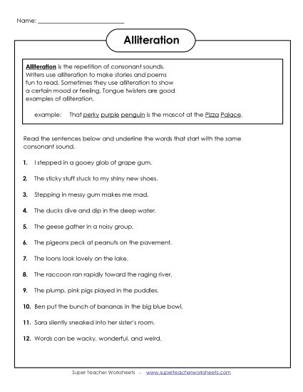 Alliteration - Alliteration (Printable PDF Worksheet)