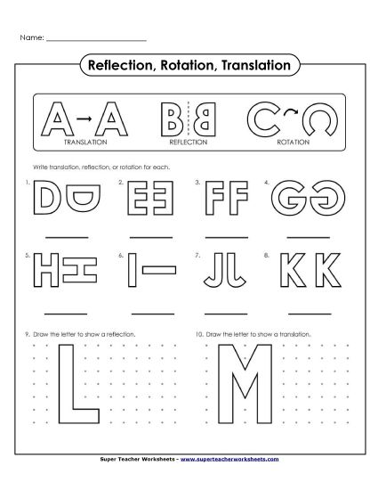 Translation, Rotation, Reflections (Mixed) - Alphabet - Rotations, Translations, Reflections (Printable PDF Worksheet)