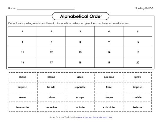 Alphabetical Order - Alphabetical: Cut-Glue (D-8) (Printable PDF Worksheet)