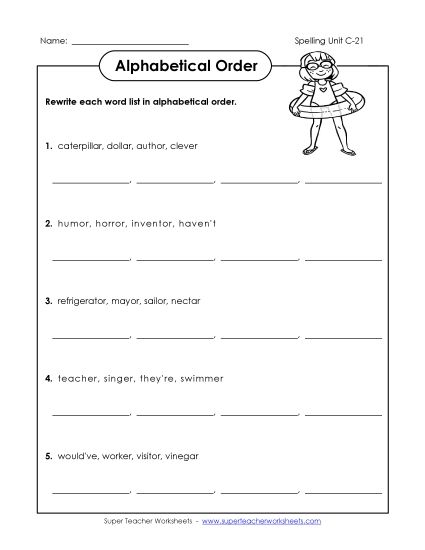 Alphabetical Order - Alphabetical Order (C-21) (Printable PDF Worksheet)