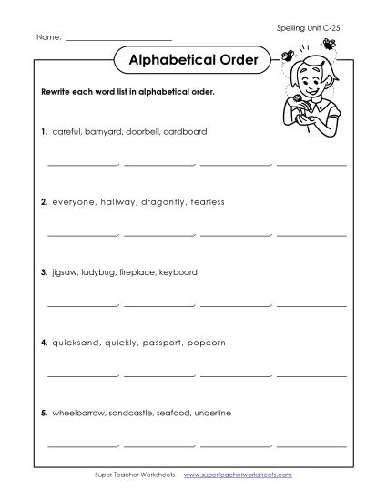 Alphabetical Order - Alphabetical Order (C-25) (Printable PDF Worksheet)
