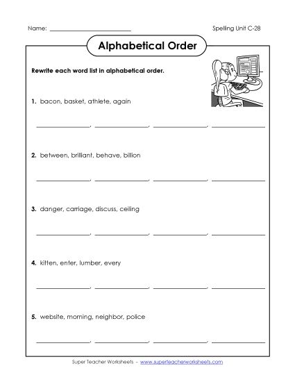 Alphabetical Order - Alphabetical Order (C-28) (Printable PDF Worksheet)
