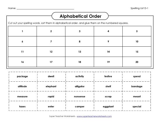 Alphabetical Order - Alphabetical Order - Cut & Glue (D-1) (Printable PDF Worksheet)
