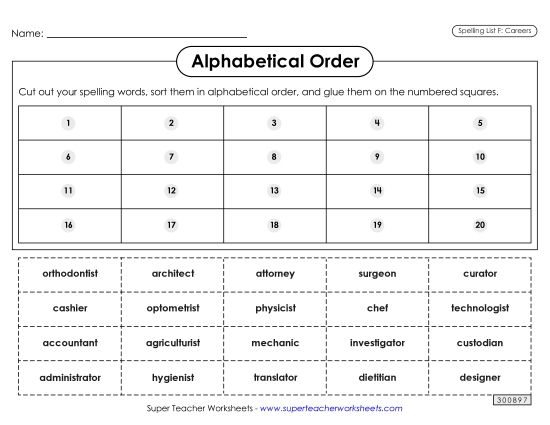 Alphabetical Order - Alphabetical Order: Cut-Glue (Careers) (Printable PDF Worksheet)
