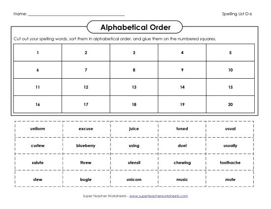 Alphabetical Order - Alphabetical Order: Cut-Glue (D-6) (Printable PDF Worksheet)