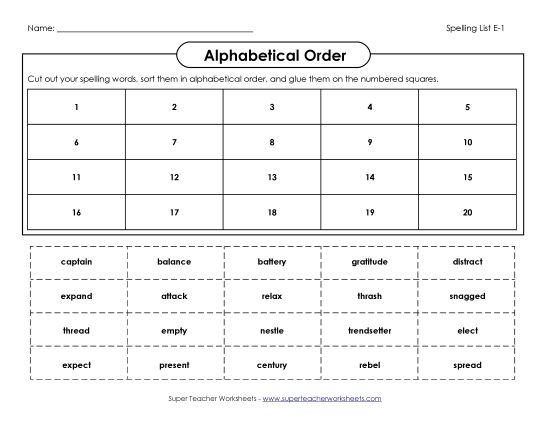 Alphabetical Order - Alphabetical Order: Cut-Glue (E-1) (Printable PDF Worksheet)