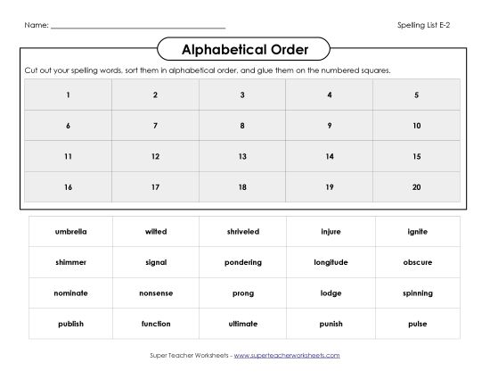 Alphabetical Order - Alphabetical Order Cut-Glue (E-2) (Printable PDF Worksheet)