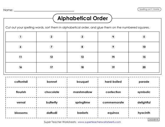 Alphabetical Order - Alphabetical Order: Cut-Glue (Easter)  (Printable PDF Worksheet)