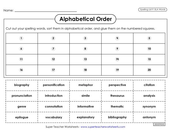 Alphabetical Order - Alphabetical Order: Cut-Glue (ELA) (Printable PDF Worksheet)