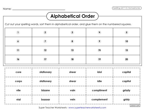 Alphabetical Order - Alphabetical Order: Cut-Glue (F-13) (Printable PDF Worksheet)