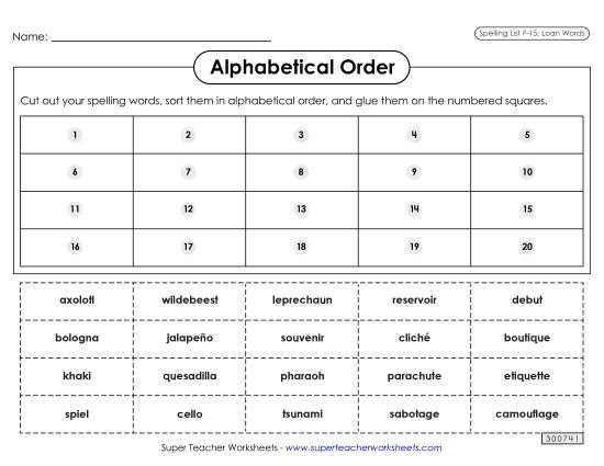 Alphabetical Order - Alphabetical Order: Cut-Glue (F-15) (Printable PDF Worksheet)
