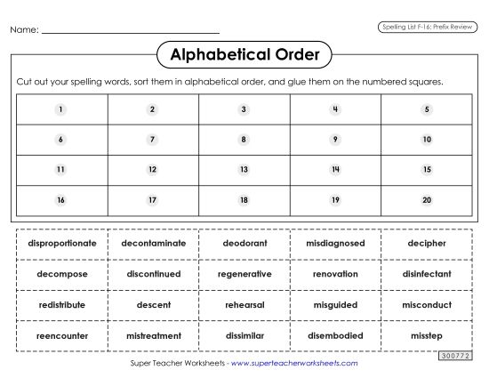 Alphabetical Order - Alphabetical Order: Cut-Glue (F-16) (Printable PDF Worksheet)