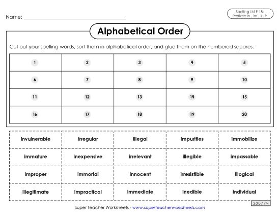 Alphabetical Order - Alphabetical Order: Cut-Glue (F-18) (Printable PDF Worksheet)