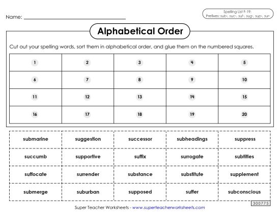 Alphabetical Order - Alphabetical Order: Cut-Glue (F-19) (Printable PDF Worksheet)