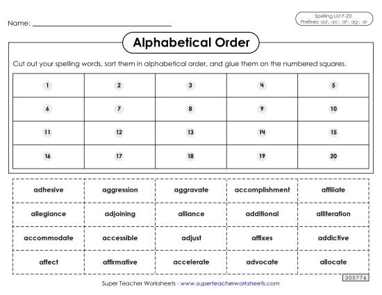 Alphabetical Order - Alphabetical Order: Cut-Glue (F-20) (Printable PDF Worksheet)