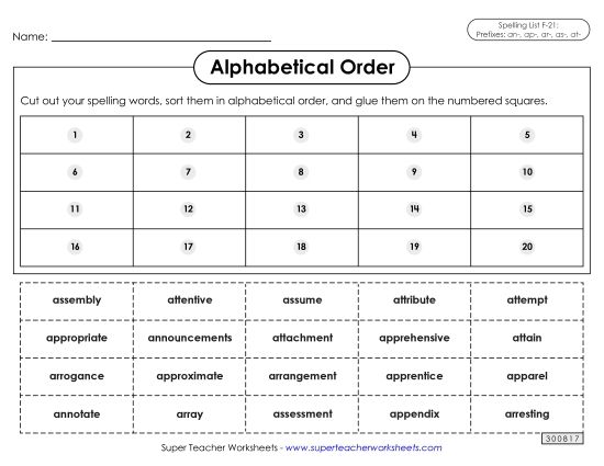 Alphabetical Order - Alphabetical Order: Cut-Glue (F-21) (Printable PDF Worksheet)