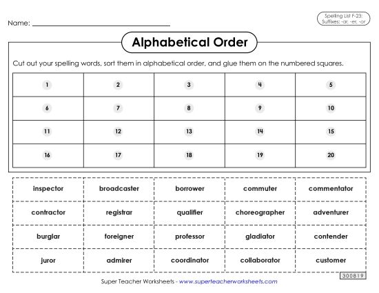 Alphabetical Order - Alphabetical Order: Cut-Glue (F-23) (Printable PDF Worksheet)